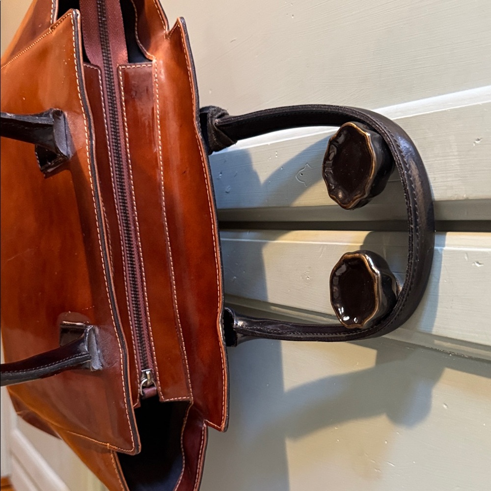 Structured Cognac Leather Tote with Dark Brown Handles - Picture 4 of 6